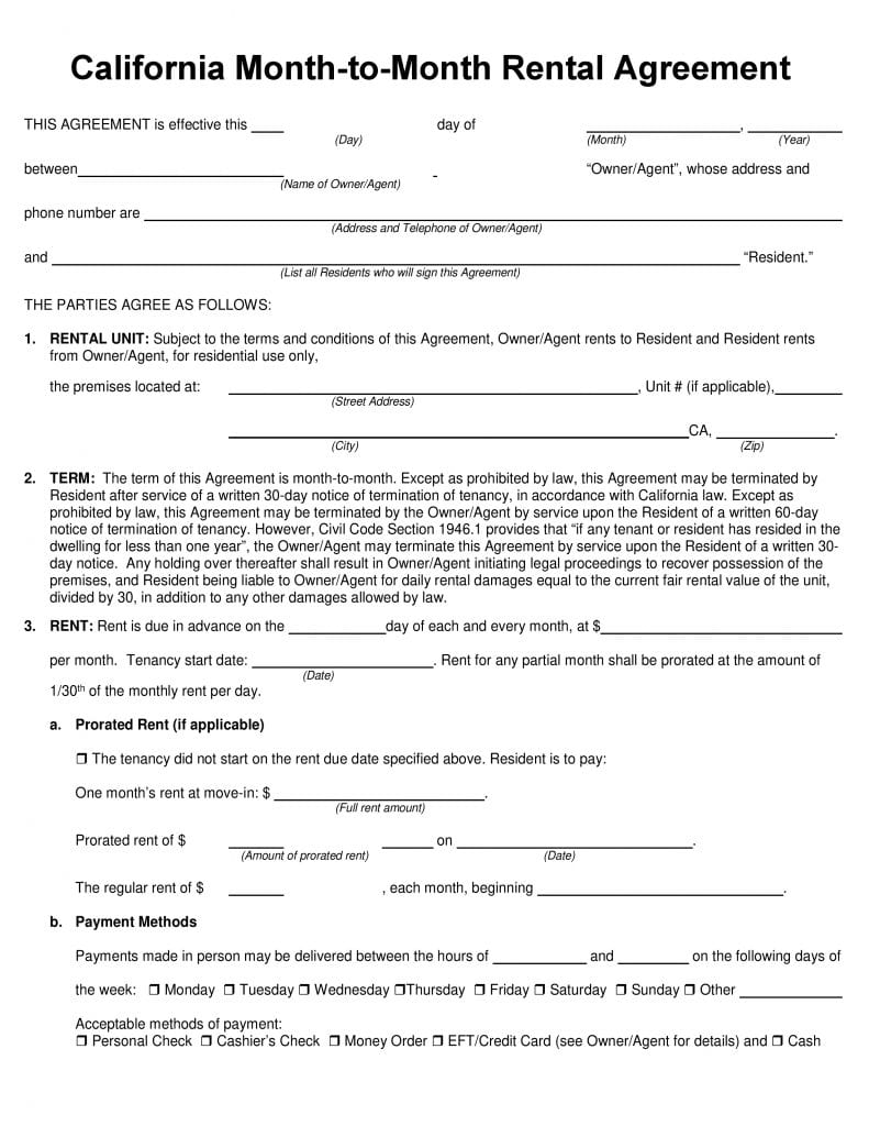 Free California Month to Month Rental Agreement PDF DOCX Template